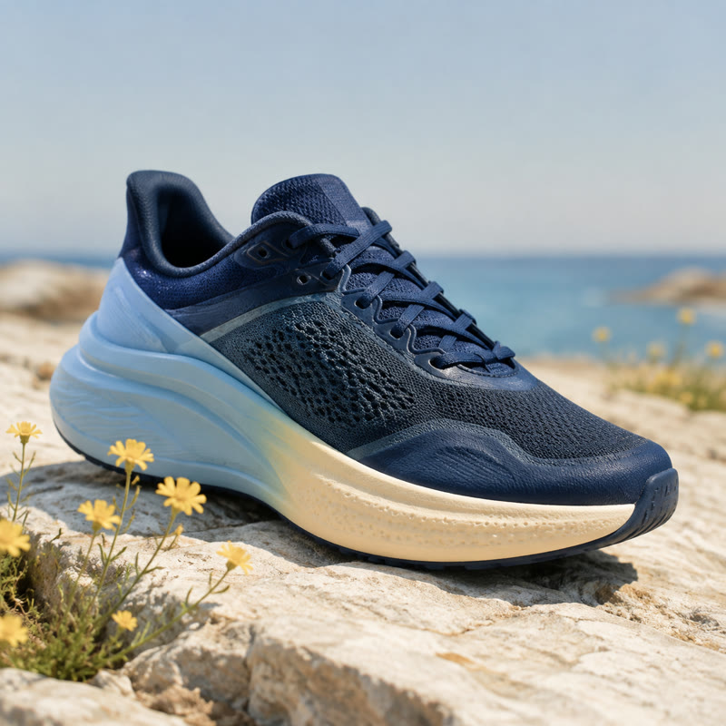 Nora Run’s navy trail shoe on a coastal rock