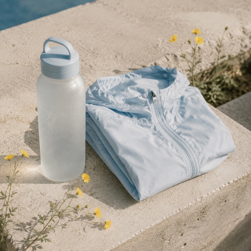 Water bottle beside a folded running shell