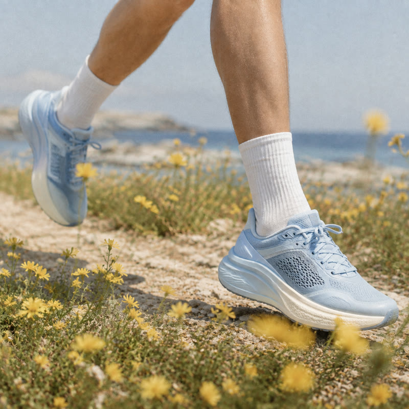 Runner moving through yellow wildflowers